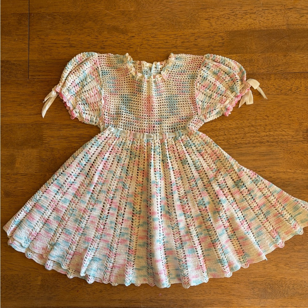 Handmade Pastel Crochet Kids Dress - Pink, Blue & Cream
